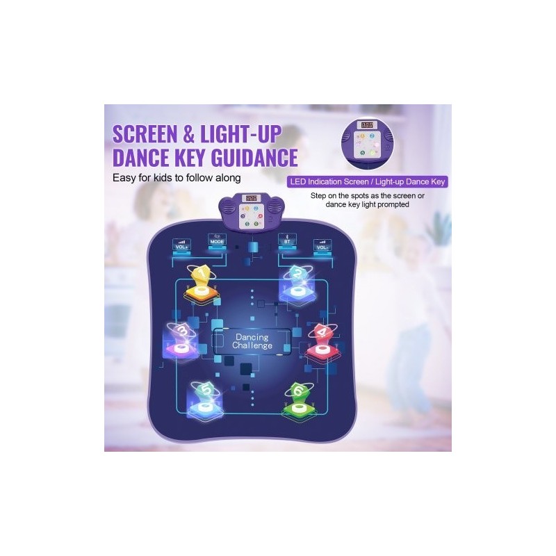 Elektroninen tanssimatto kuudella tanssipaikalla 5 pelitilaa LED-valot langaton musiikkiyhteys taitettava paristokäyttöinen