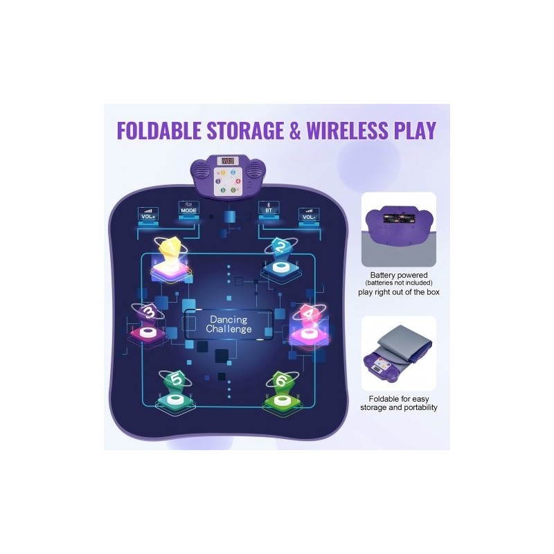 Elektroninen tanssimatto kuudella tanssipaikalla 5 pelitilaa LED-valot langaton musiikkiyhteys taitettava paristokäyttöinen