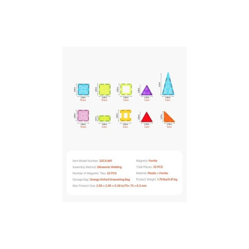 Magneettinen rakennuspalikkasetti 32 kpl ABS-muovi ferriittimagneetit oranssi säilytyspussi lapsille