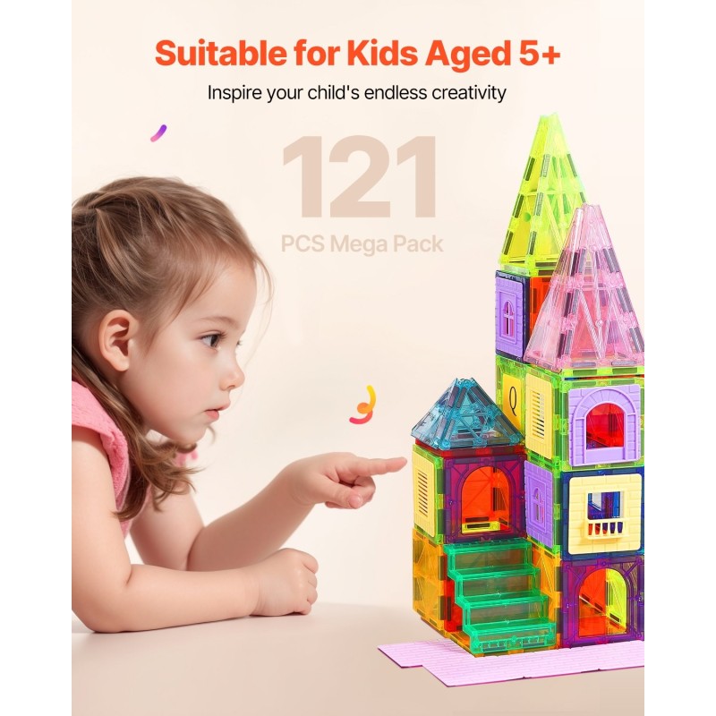 Magneettiset rakennuspalikat ABS-muovia 121 osaa 2 auton alustaa ja 26 numerokorttia