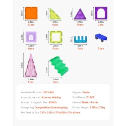 Magneettiset rakennuspalikat ABS-muovia 121 osaa 2 auton alustaa ja 26 numerokorttia