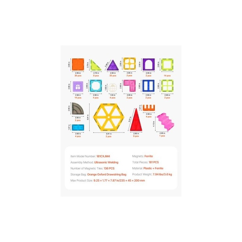 Magneettipalikkasetti 181 osaa muovia ja ferriittimagneetteja sisältäen säilytyspussin