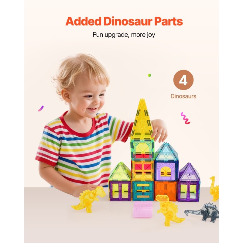 Magneettiset rakennuspalikat muovia viisikymmentäkuusi osaa neljä dinosaurusta yli kolme vuotta