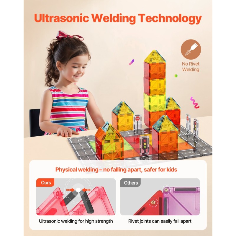 Magneettiset rakennuspalat 56 osaa ABS-muovi ferriittimagneetit oranssi säilytyspussi lapsille