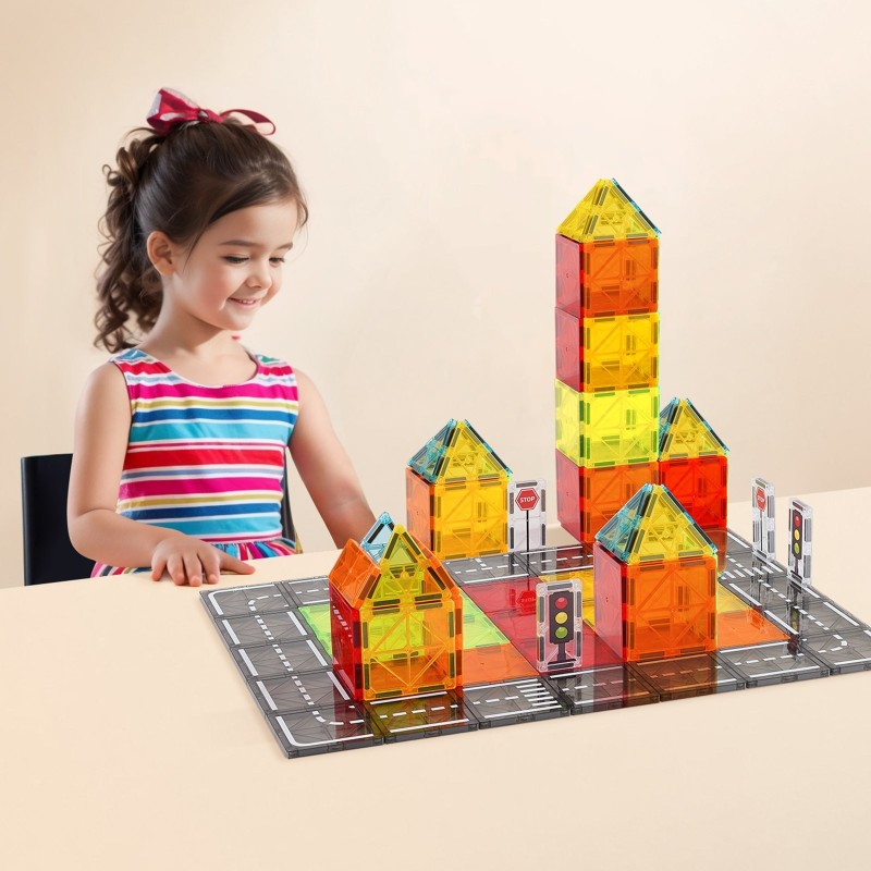 Magneettiset rakennuspalat 56 osaa ABS-muovi ferriittimagneetit oranssi säilytyspussi lapsille