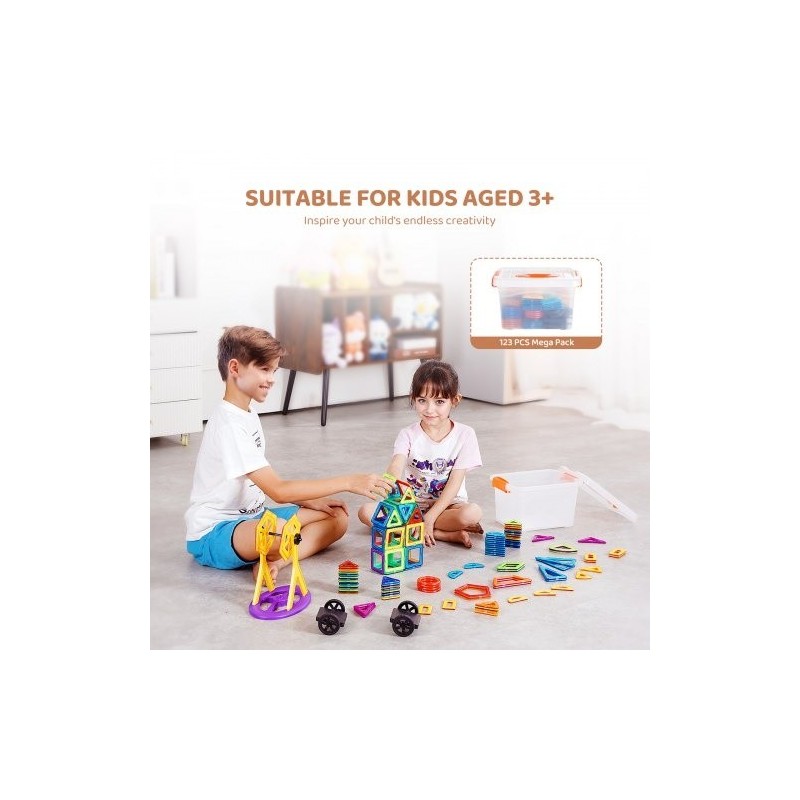 Magneettiset rakennuspalat 123 osaa ABS-muovista neodyymimagneetein pyöräosilla 5-vuotiaille