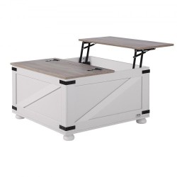 Neliönmuotoinen nostokantinen sohvapöytä 800 x 800 mm lastulevykansi tammijaloilla harmaa ja valkoinen