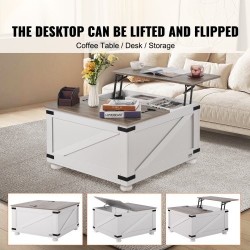 Neliönmuotoinen nostokantinen sohvapöytä 800 x 800 mm lastulevykansi tammijaloilla harmaa ja valkoinen