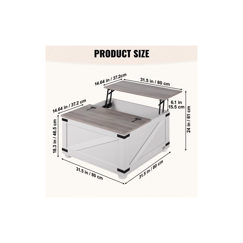 Neliönmuotoinen nostokantinen sohvapöytä 800 x 800 mm lastulevykansi tammijaloilla harmaa ja valkoinen