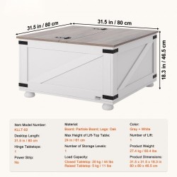 Neliönmuotoinen nostokantinen sohvapöytä 800 x 800 mm lastulevykansi tammijaloilla harmaa ja valkoinen