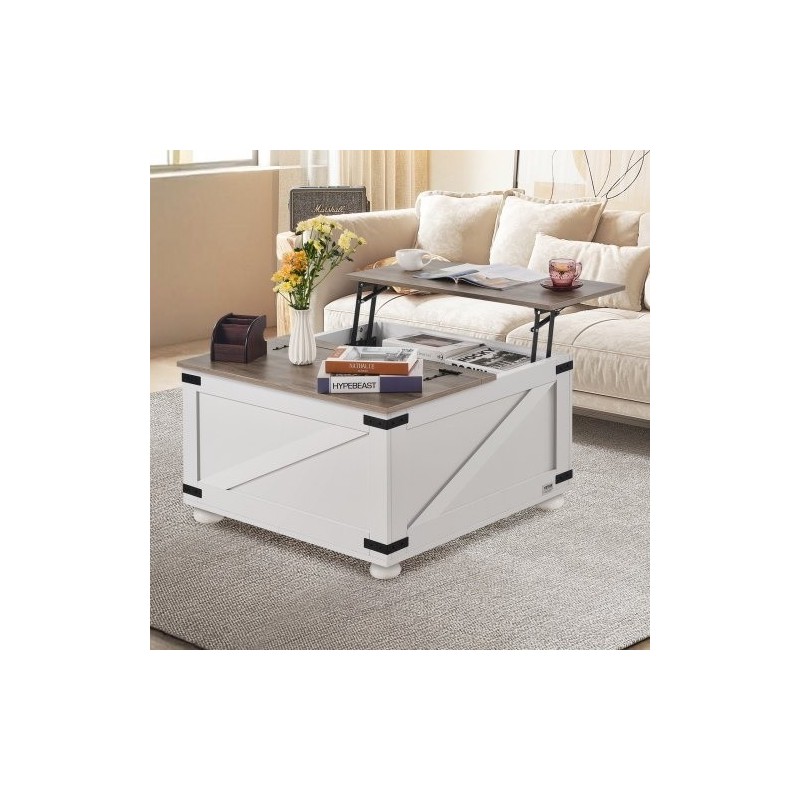 Neliönmuotoinen nostokantinen sohvapöytä 800 x 800 mm lastulevykansi tammijaloilla harmaa ja valkoinen