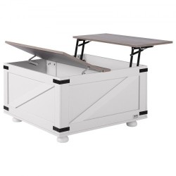 Neliönmuotoinen nostokantinen sohvapöytä 800 x 800 mm lastulevykansi tammijaloilla harmaa ja valkoinen