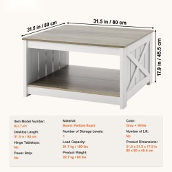 Sohvapöytä neliönmuotoinen 80x80 cm lastulevy ja massiivipuu avoin säilytyslokero harmaa-valkoinen