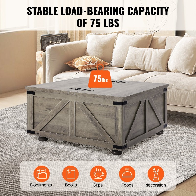 Sohvapöytä 36 tuuman neliö kääntyvä kansi suuri säilytystila lastulevy tammijalat harmaanruskea