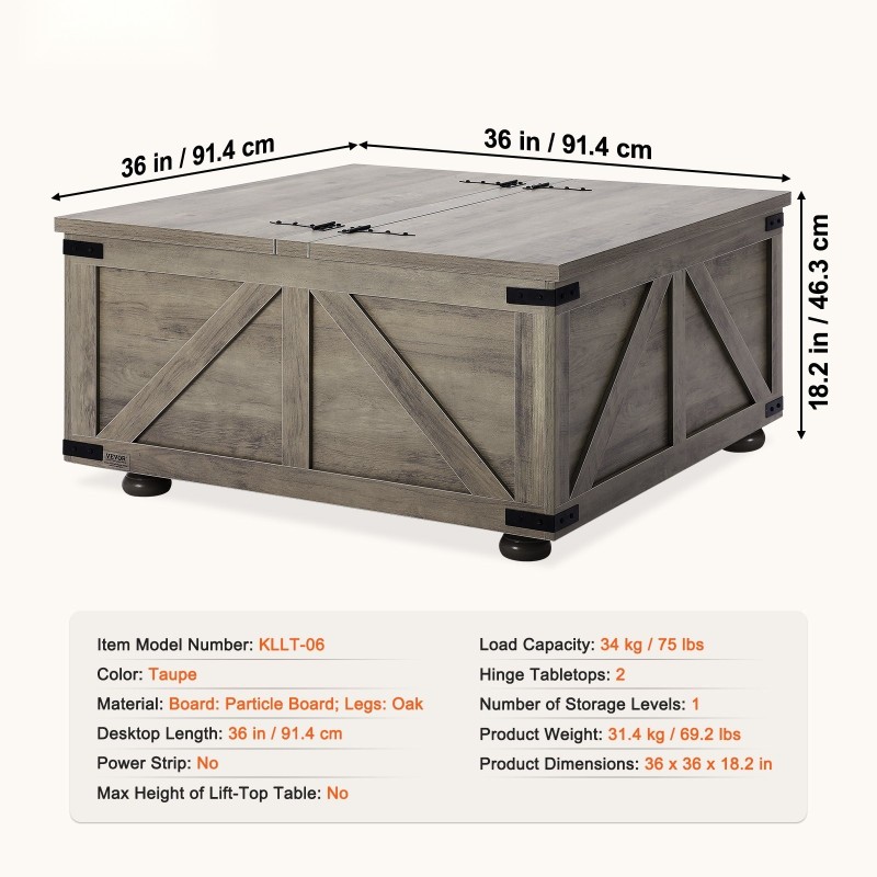 Sohvapöytä 36 tuuman neliö kääntyvä kansi suuri säilytystila lastulevy tammijalat harmaanruskea