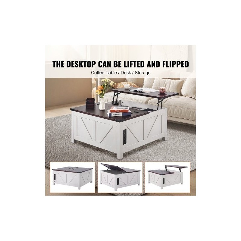 Sohvapöytä nostettavalla kannella 914x914 mm lastulevy virtapaneeli ruskea valkoinen