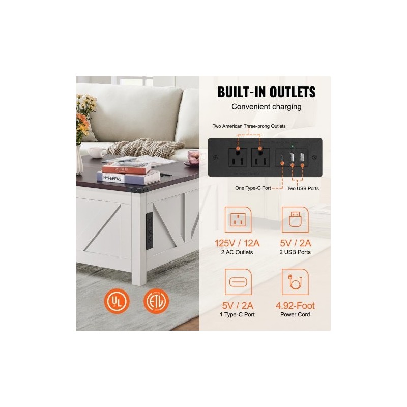 Sohvapöytä nostettavalla kannella 914x914 mm lastulevy virtapaneeli ruskea valkoinen