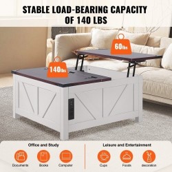 Sohvapöytä nostettavalla kannella 914x914 mm lastulevy virtapaneeli ruskea valkoinen