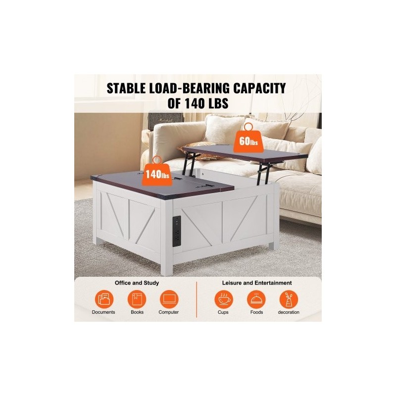 Sohvapöytä nostettavalla kannella 914x914 mm lastulevy virtapaneeli ruskea valkoinen