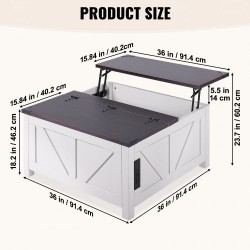 Sohvapöytä nostettavalla kannella 914x914 mm lastulevy virtapaneeli ruskea valkoinen