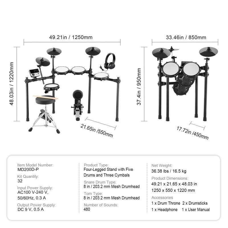 Sähkörumpusetti 32 esiasetusta 480 ääntä 8-tuuman mesh-kalvot USB MIDI