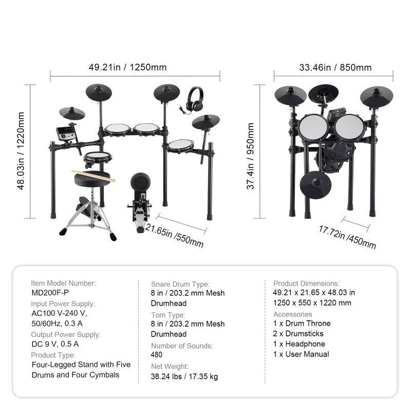 Elektroninen rumpusetti 8 tuuman meshvirveli 10 tuuman symbaalit 32 rumpusettiä 480 soundia