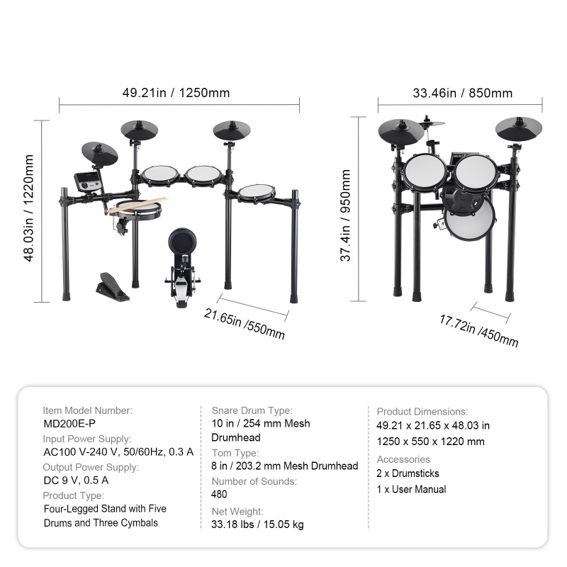 Sähkörumpusetti verkkokalvoilla 5 rumpua 3 symbaalia 32 settiä 480 ääntä