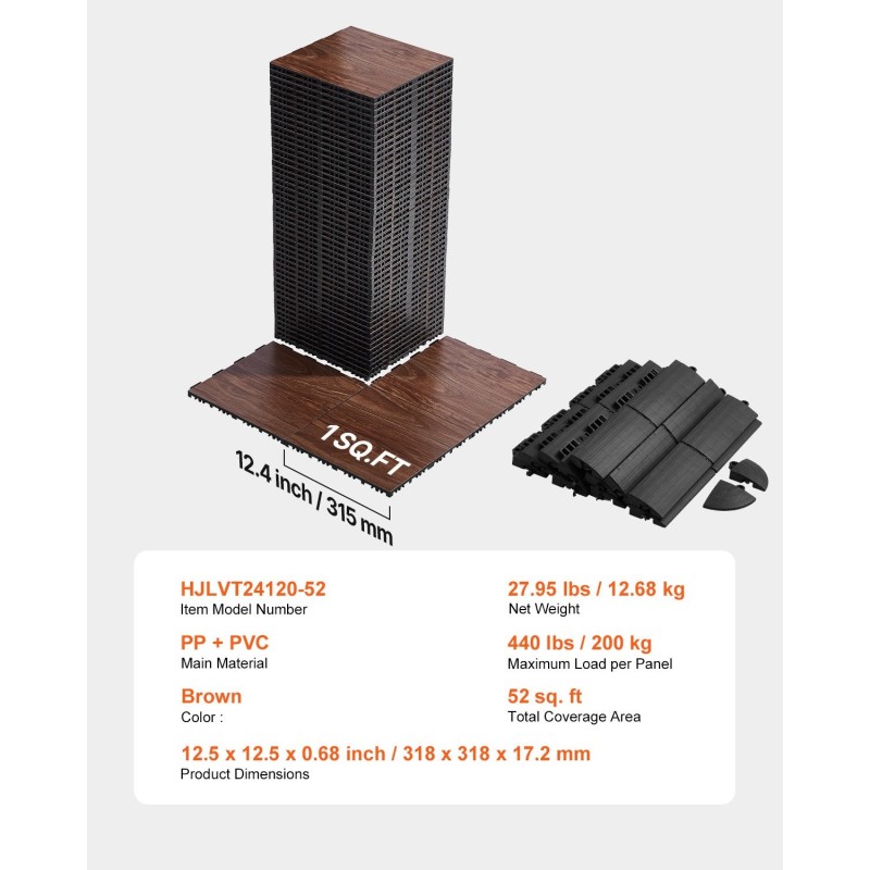 Lukittuvat muoviset tanssilattialaatat pehmustettu pohja 315x315 mm 52 kpl tammi