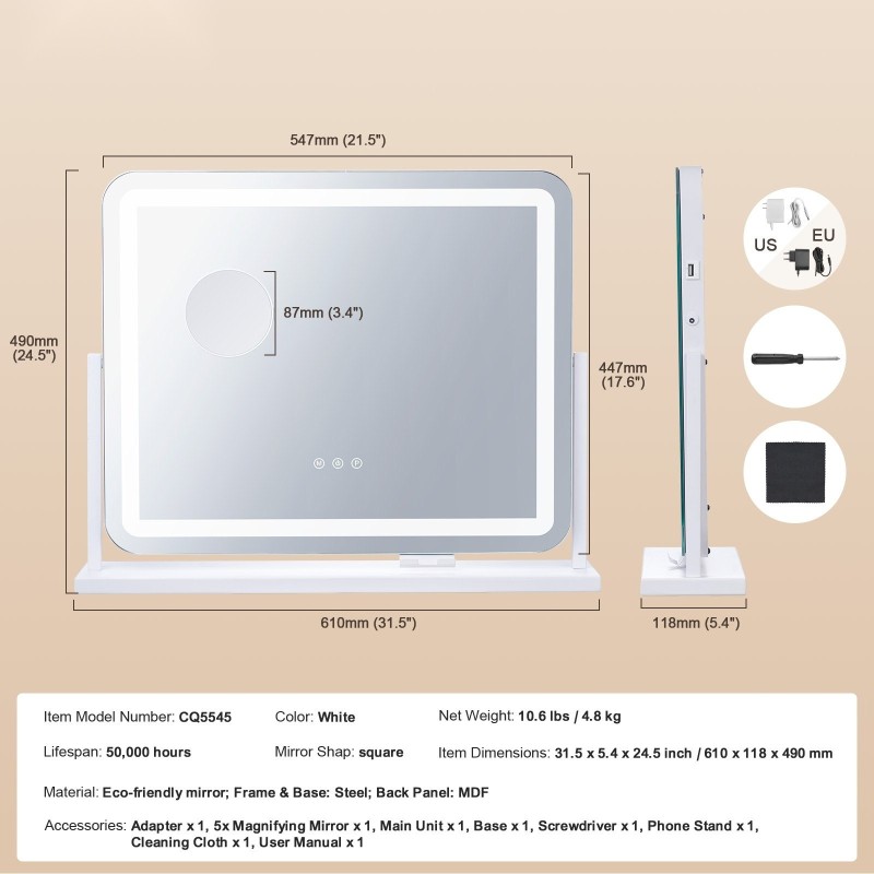 Meikkipeili valkoinen viidenkertainen suurennus kolmella värilämpötilalla portaattomalla kirkkaussäädöllä USB-portilla