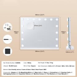 Meikkipeili LED-valoilla 5x suurennuslinssi kosketussäädettävä 58x46 cm valkoinen pöytä ja seinäkiinnitys
