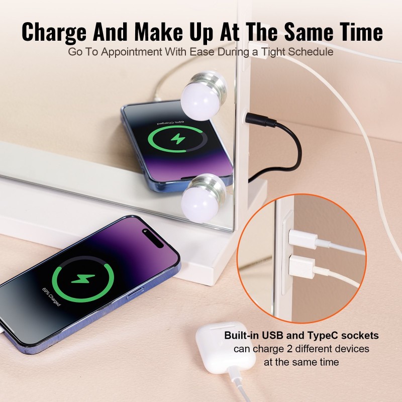 Meikkipeili LED-valaistuksella neliö valkoinen USB-C-liitännällä pöytä ja seinäkiinnitys 5‑kertainen suurennus portaaton