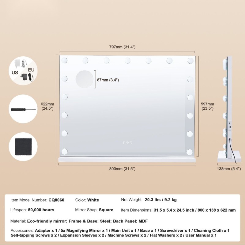 Meikkipeili LED-valaistuksella neliö valkoinen USB-C-liitännällä pöytä ja seinäkiinnitys 5‑kertainen suurennus portaaton