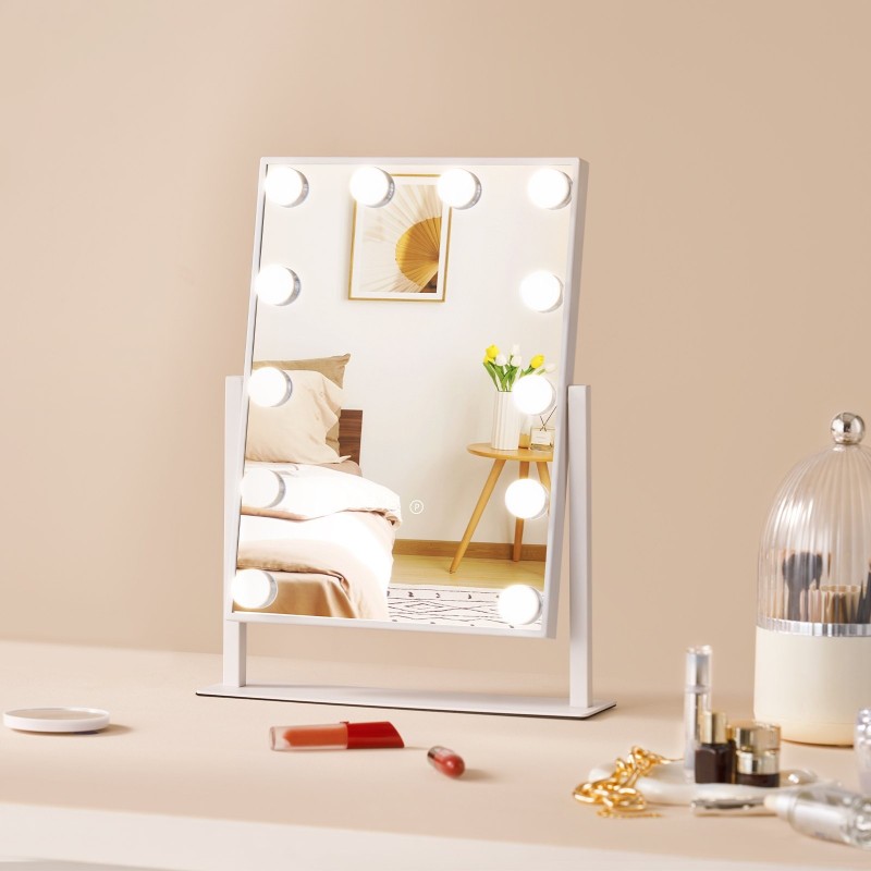 Meikkipeili 12 himmennettävää LED-lamppua 3 värilämpötilaa irrotettava 5-kertainen suurennus 360 asteen kääntö