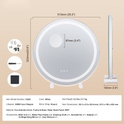 Pyöreä valaistu 20 tuuman meikkipeili 5-kertainen suurennos kolme värilämpötilaa kosketussäätö