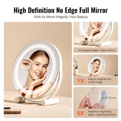 Meikkipeili 12-tuumainen pyöreä LED valkoinen 5X-suurennos 3 värilämpötilaa kosketusohjaus 360-asteinen kääntyvä