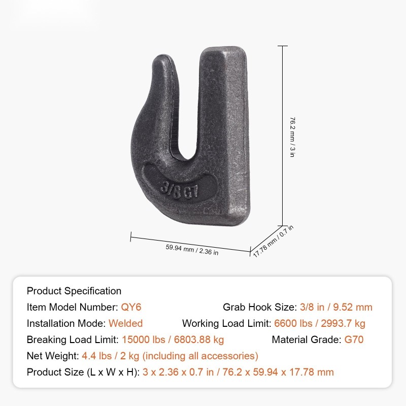 Hitsattava koukku traktorin kauhaan G70-lujuusteräs 9,52 mm 6 kpl