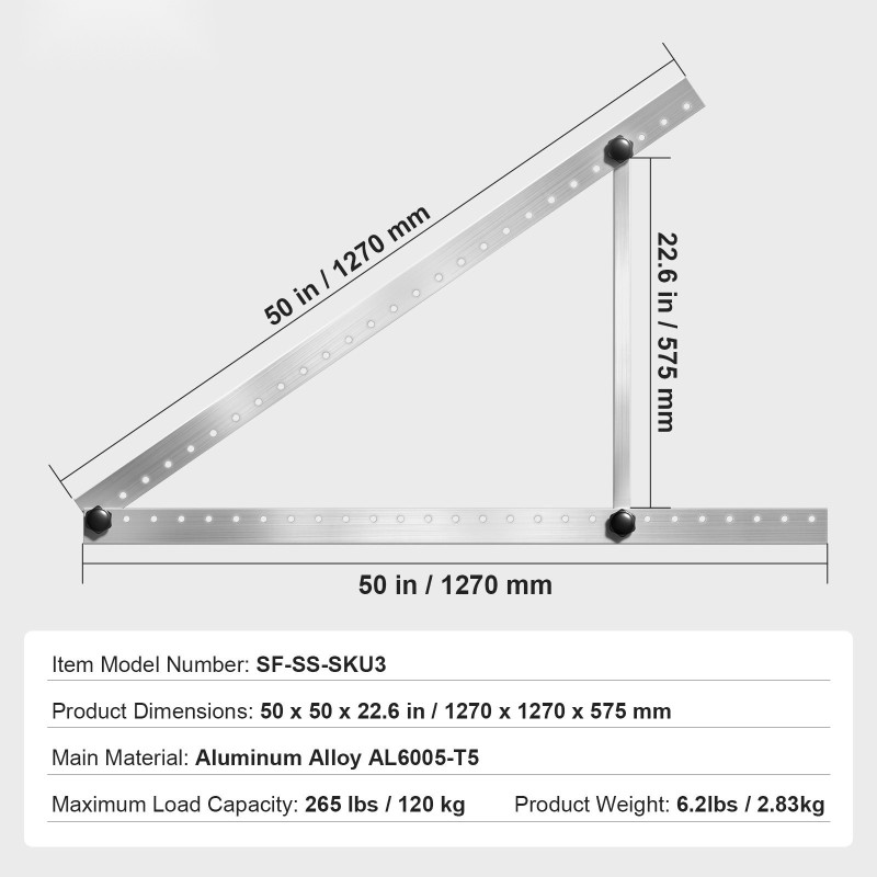 Aurinkopaneelien kallistusteline 50 tuumaa alumiiniseos AL6005-T5 0–90° soveltuu 100–550W paneeleille