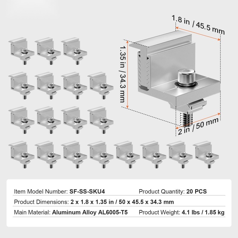 Z-kiinnityskannattimet eloksoitu alumiiniseos säädettävä päätykiristin 35–50 mm 20 kpl kehystetyille aurinkopaneeleille
