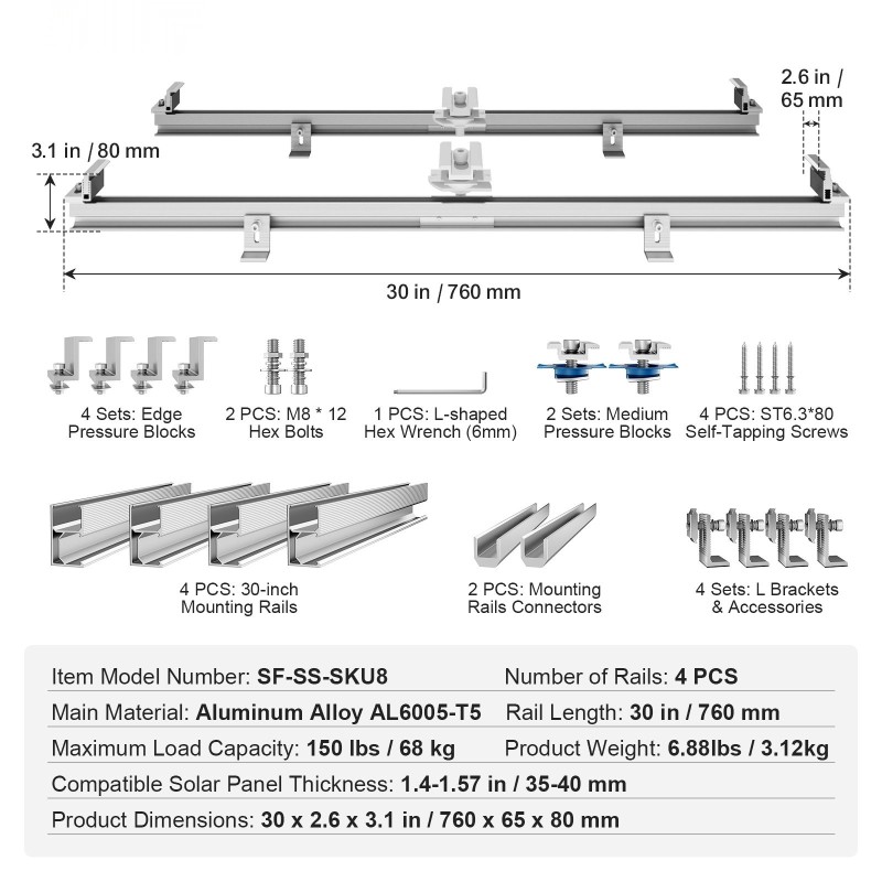 Aurinkopaneelien alumiininen kiinnityssarja 4 kpl 760 mm kiskot 35–40 mm