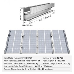 Aurinkopaneelien alumiinikiinnityssarja 10 kiskoa 100 mm 4 pääkiinnikettä 6 välikiinnikettä 35–40 mm