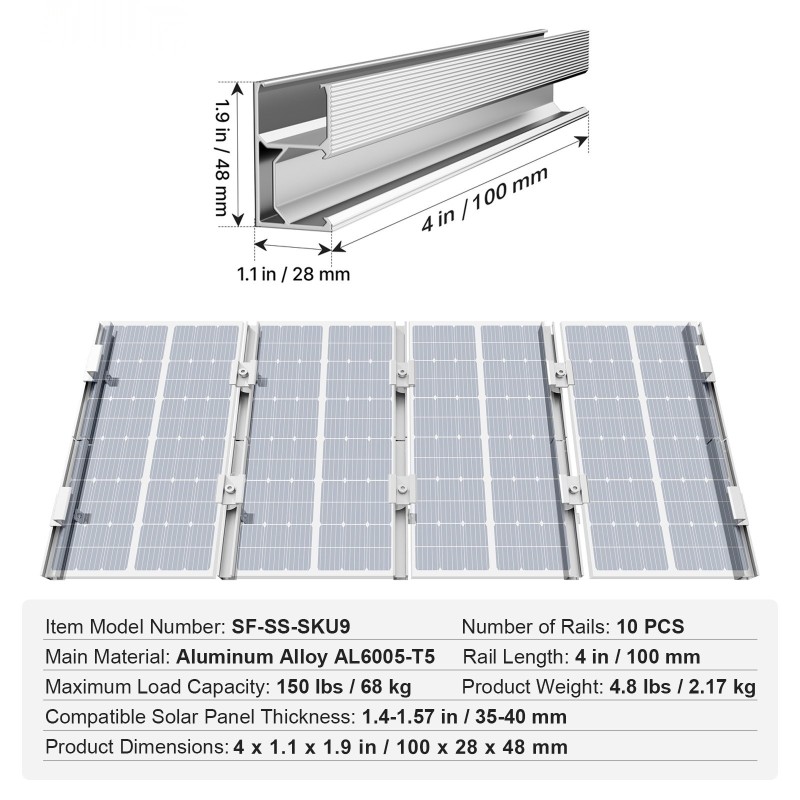 Aurinkopaneelien alumiinikiinnityssarja 10 kiskoa 100 mm 4 pääkiinnikettä 6 välikiinnikettä 35–40 mm