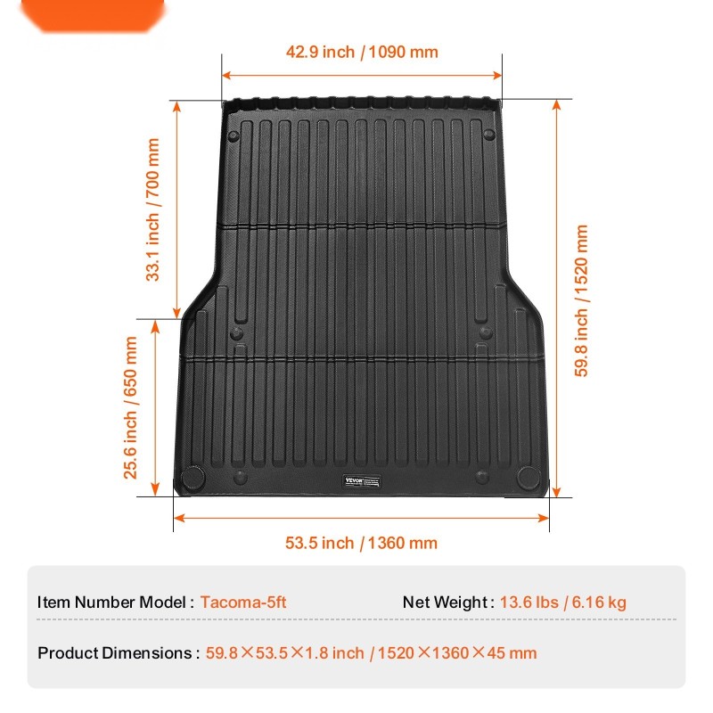 Kuormatilan matto TPE 5 ft lavalle Toyota Tacoma 2005–2023 liukumaton musta