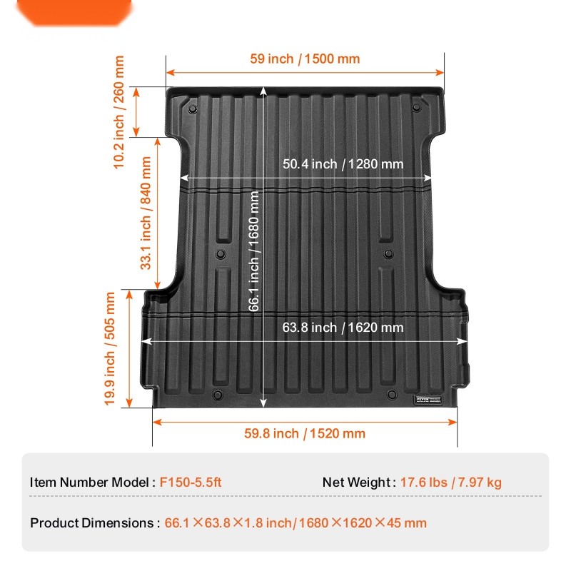 Lavamatto TPE musta 5,5 jalan Ford F-150 2015–2024 luistamaton