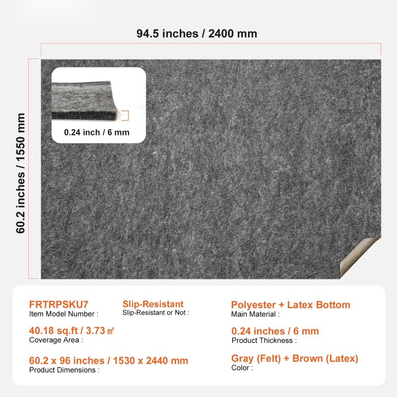 Mattoalusta kaksipuolinen polyesterihuopa lateksipohja 153 x 244 cm 6 mm liukuestopinta