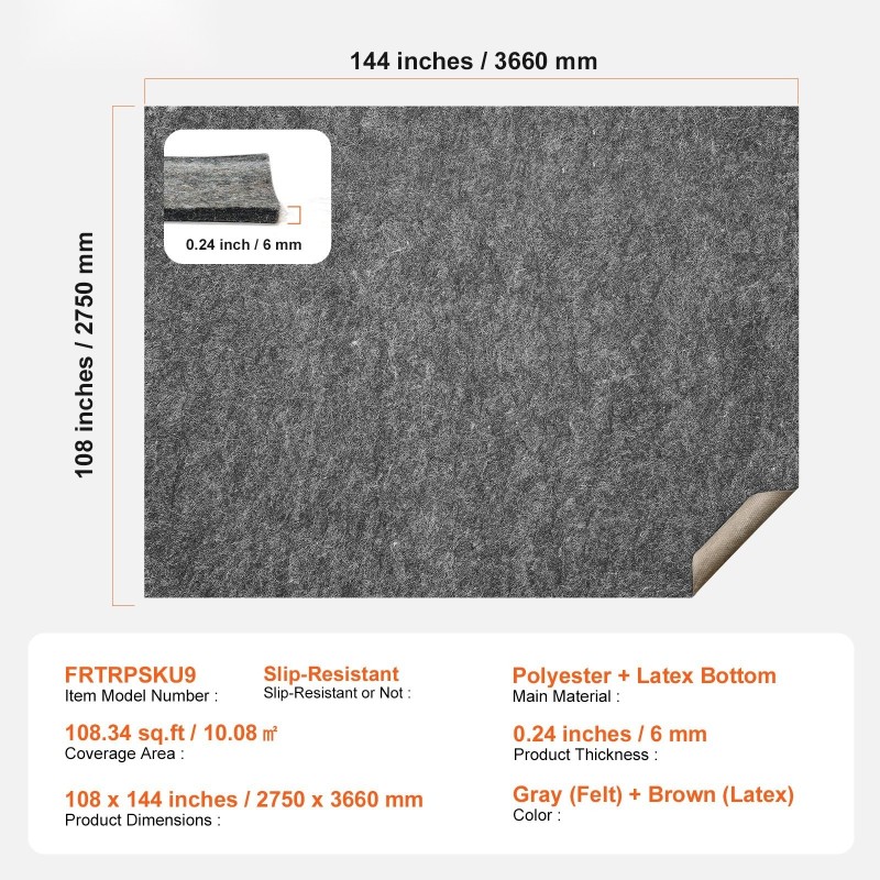 Mattoalusta polyesterihuopa ja lateksi 2750 x 3660 mm 6 mm liukuestolla