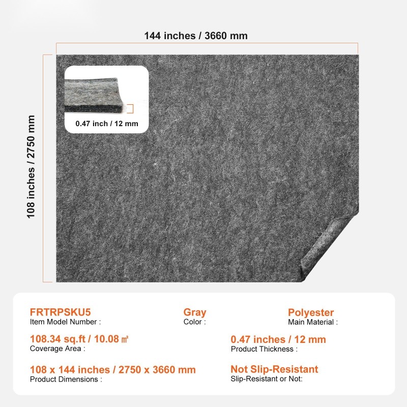 Mattoalusta polyesterihuopa 2750x3660 mm 12 mm paksu harmaa 10,08 m²