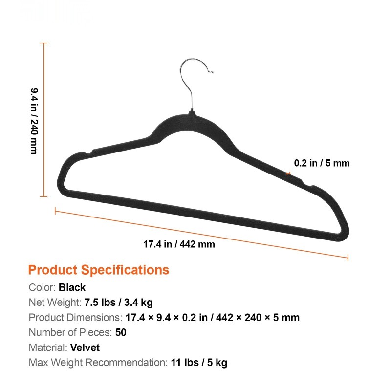 Samettihenkarit 50 kpl musta 5 kg kantavuus 360 asteen kääntyvä koukku