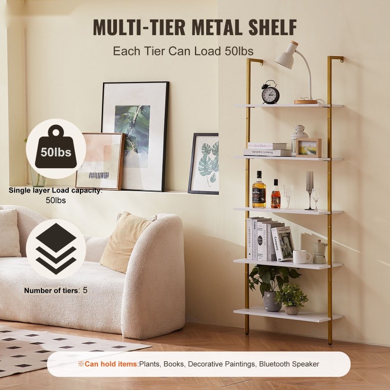 Tikashylly 5-tasoinen metallirunkoinen seinään kiinnitettävä lastulevyhyllyillä 640x300x1825 mm