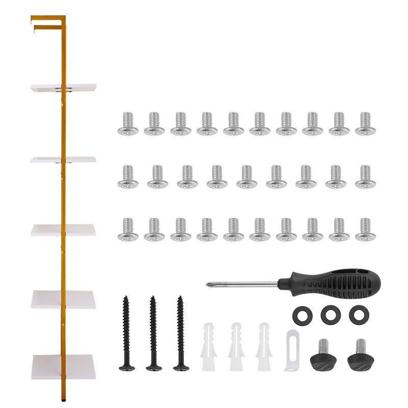 Seinään kiinnitettävä tikashylly teräsrunko valkoiset lastulevyhyllyt 5 tasoa 400x300x1780 mm
