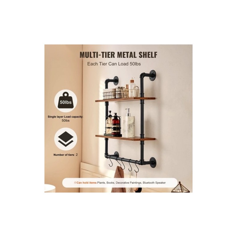 Seinälle asennettava 2-tasoinen putkihylly metallirunko ja puulevyt